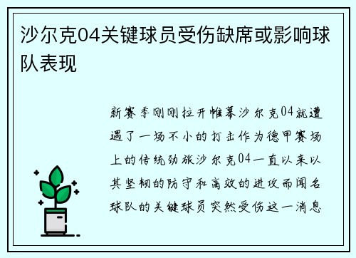 沙尔克04关键球员受伤缺席或影响球队表现